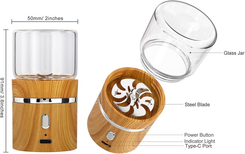 BKLFLY Electric Grinder Spice Crusher Rechargeable Mini Size 2" x 3.5" with 2PCS 1.7oz/50ml Glass Jars (NOT for nuts or beans), Wood Grain Pattern - Image 4